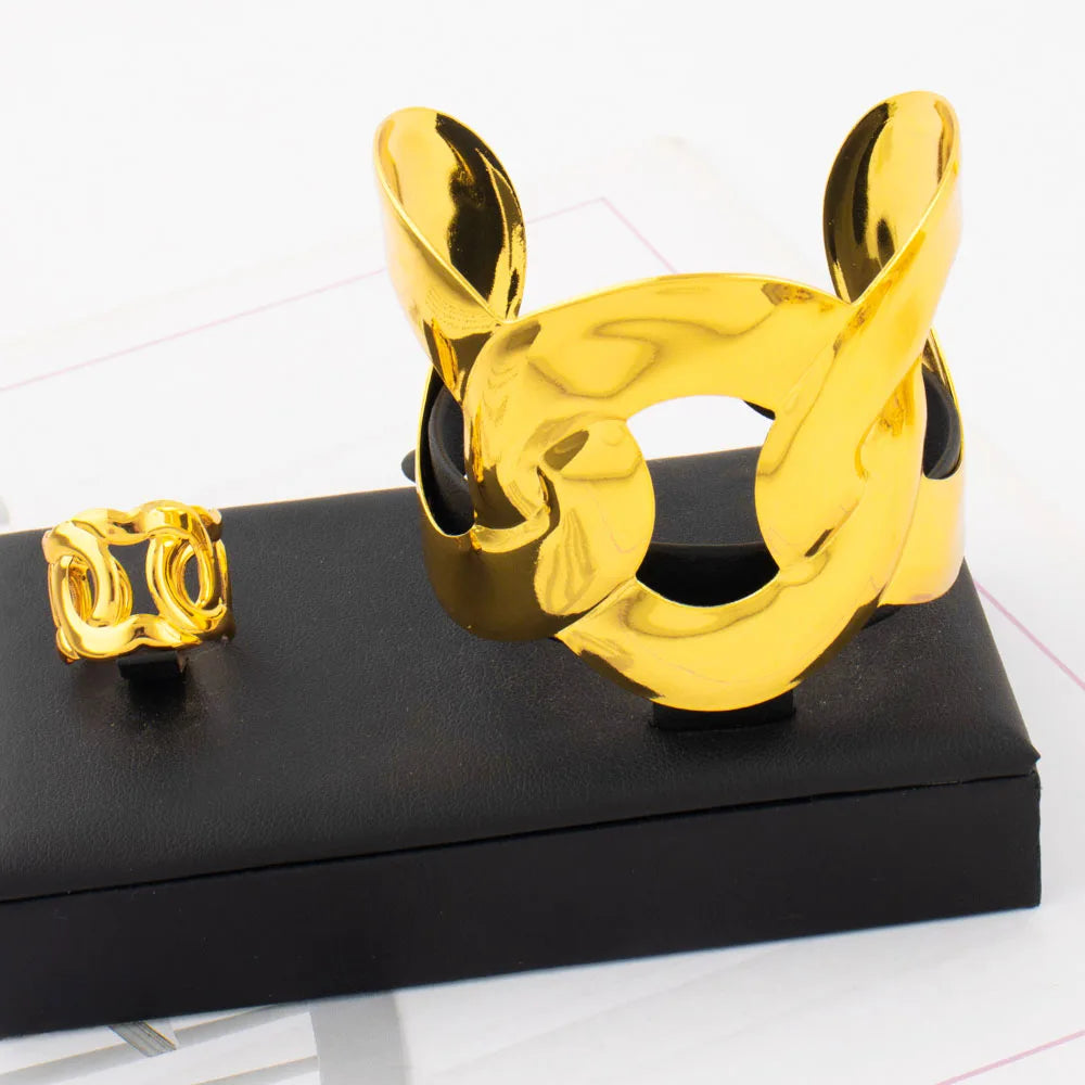 Indian Gold Color Bracelets with Ring for Women Luxury Trendy Female Dubai Circle Big Jewelry Set design Exaggerated Party Gift