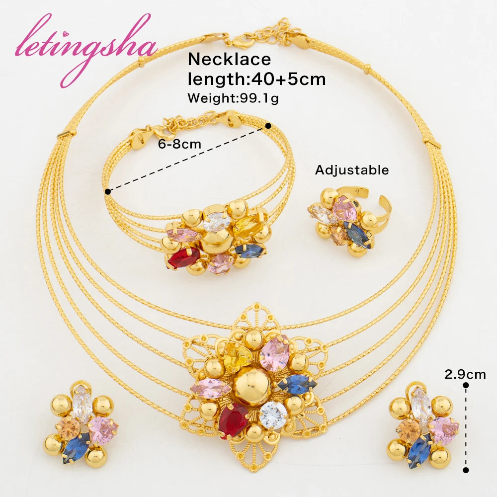 African Luxury Gold Color Jewelry Set for Women Colorful Zircon Inlay Necklace Clip Earrings Cuff Bangle Ring Set Weddings Party