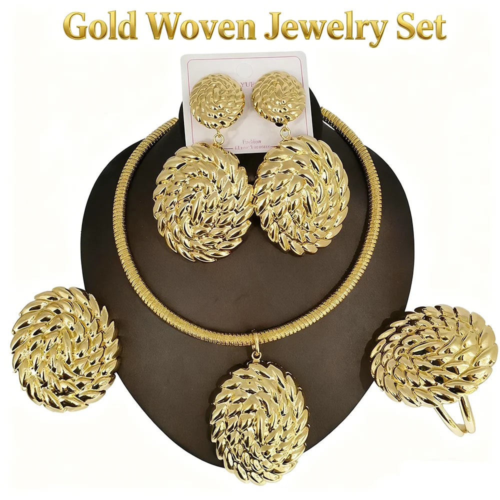 gold jewelry sets for woman ecklace Earrings Gold Plated Round Collar Nigeria Wedding Festival Gift Classic Style Bangles Ring
