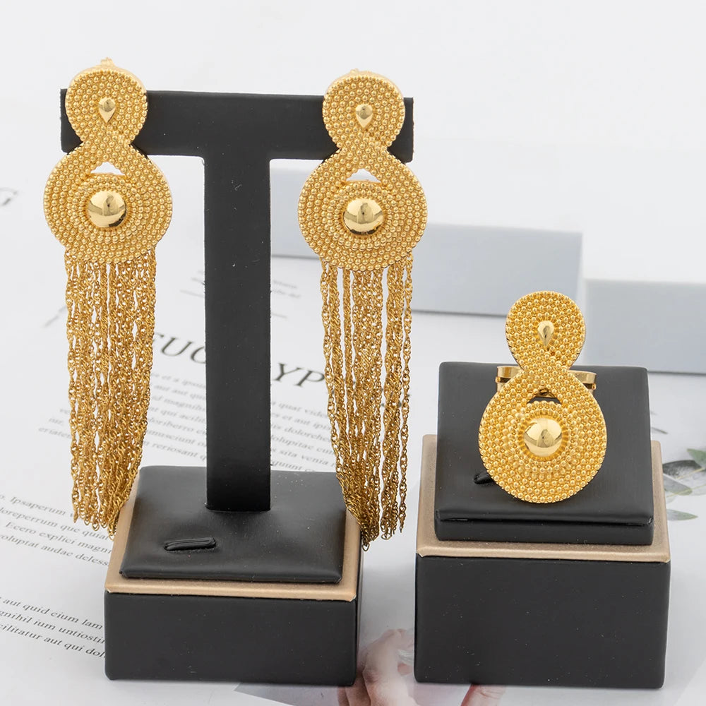 YM 18k Gold Plated Jewelry for Nightclub Queen Fashion Luxury Bridal Wedding Jewellery Accessory Long Tassel Earrings Rings Set