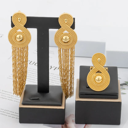 YM 18k Gold Plated Jewelry for Nightclub Queen Fashion Luxury Bridal Wedding Jewellery Accessory Long Tassel Earrings Rings Set