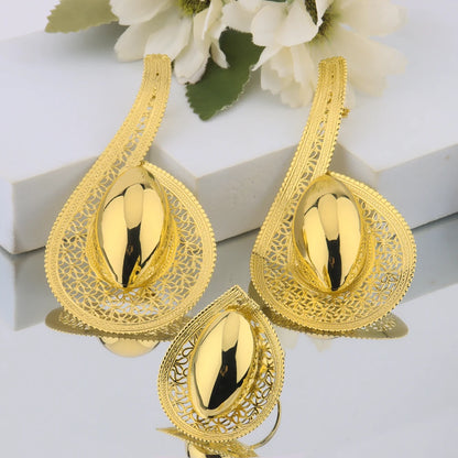 24K Gold-Plated Hollow Earrings Necklace Ring Bangle Jewelry Sets for Women, Unique Party Valentine Gift, Chic Jewellery Woman