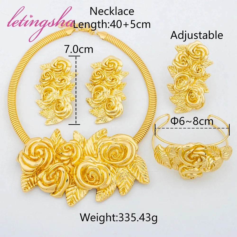 Luxury Noble Gold Plated Necklace Earring Ring Bracelet Set for Women Complex Design Jewelry Set Gift for Party Wedding