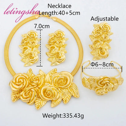 Luxury Noble Gold Plated Necklace Earring Ring Bracelet Set for Women Complex Design Jewelry Set Gift for Party Wedding