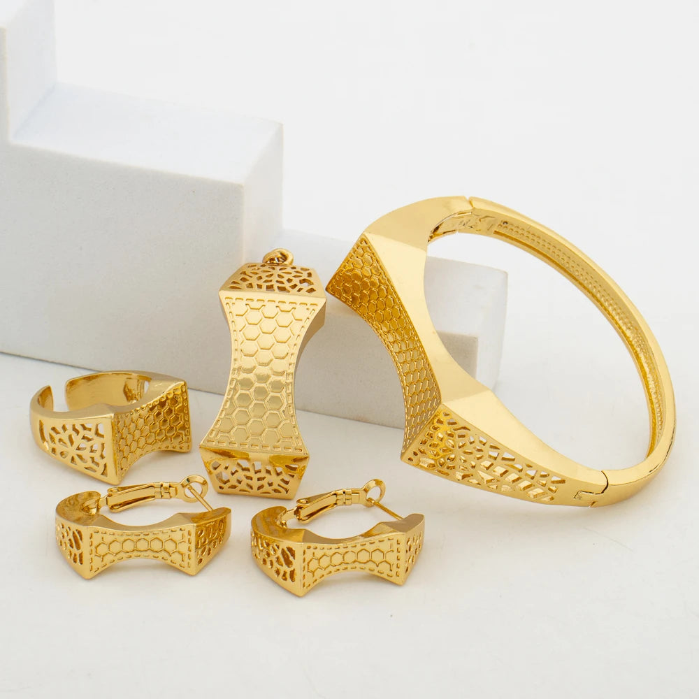 Dubai Gold Color Earrings Bangle Ring Jewelry Set for Party Elegant Weddings Hoop Earrings Cuff Bangle Finger Ring Set Nigerian