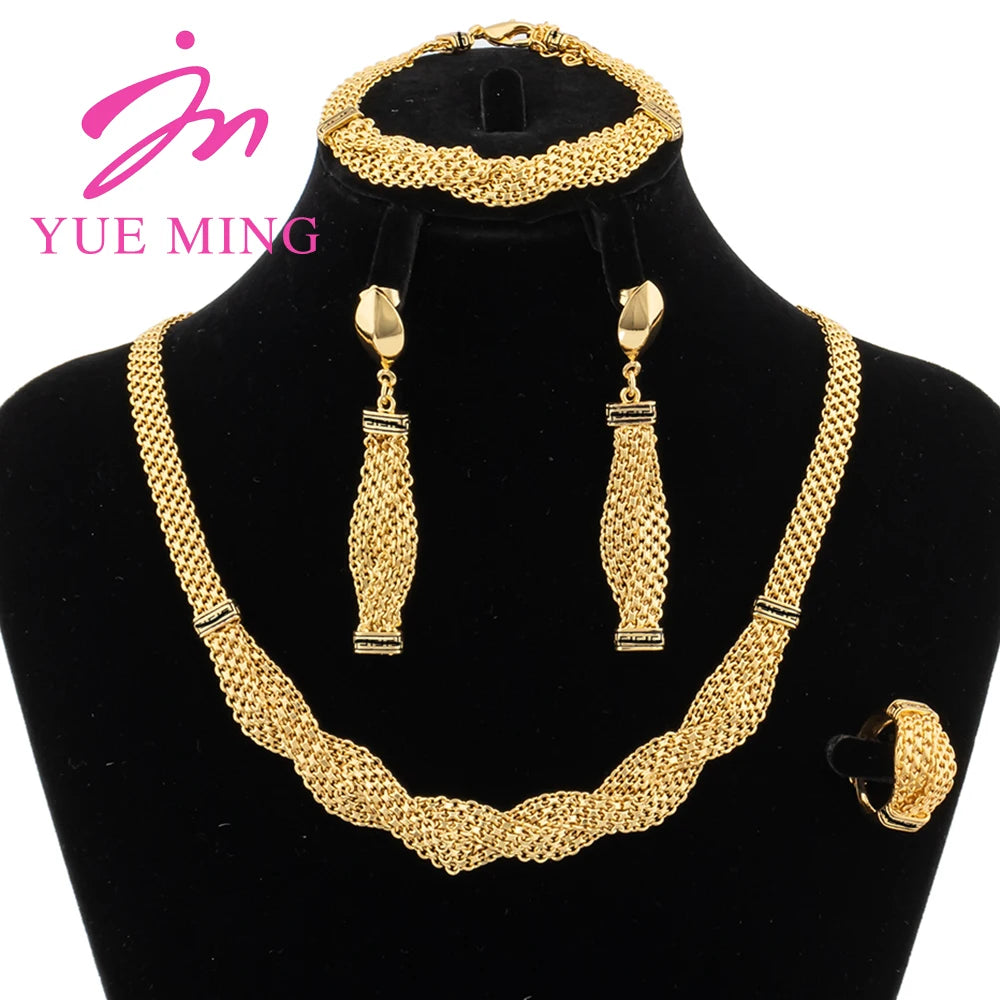 Dubai Gold Plated Jewelry Set for Women Fashion Personality Necklace Set Personality Drop Earrings Charm Bracelet Ring Jewellery