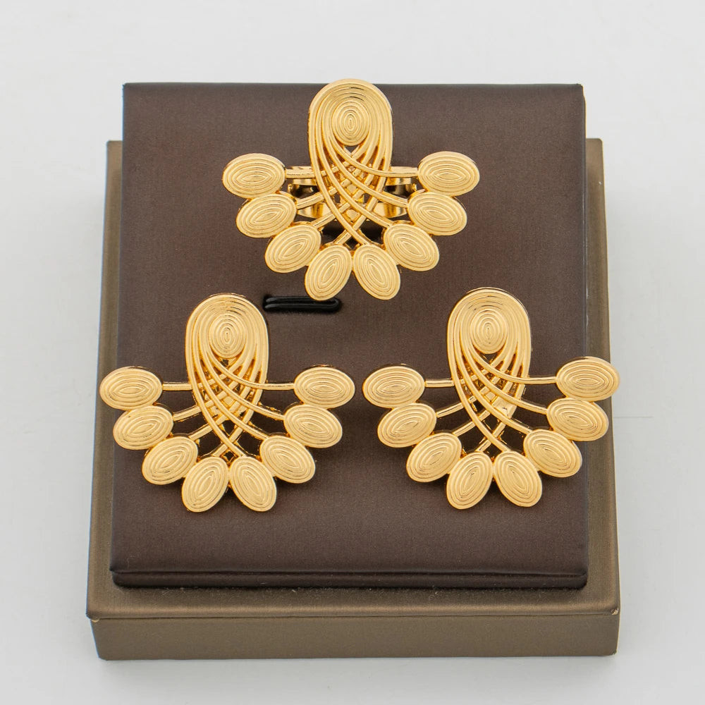 Nigerian Gold Color Jewelry Set for Weddings Women Elegant Clip Earrings and Finger Ring 2Pcs Set for Engagement Party Accessory