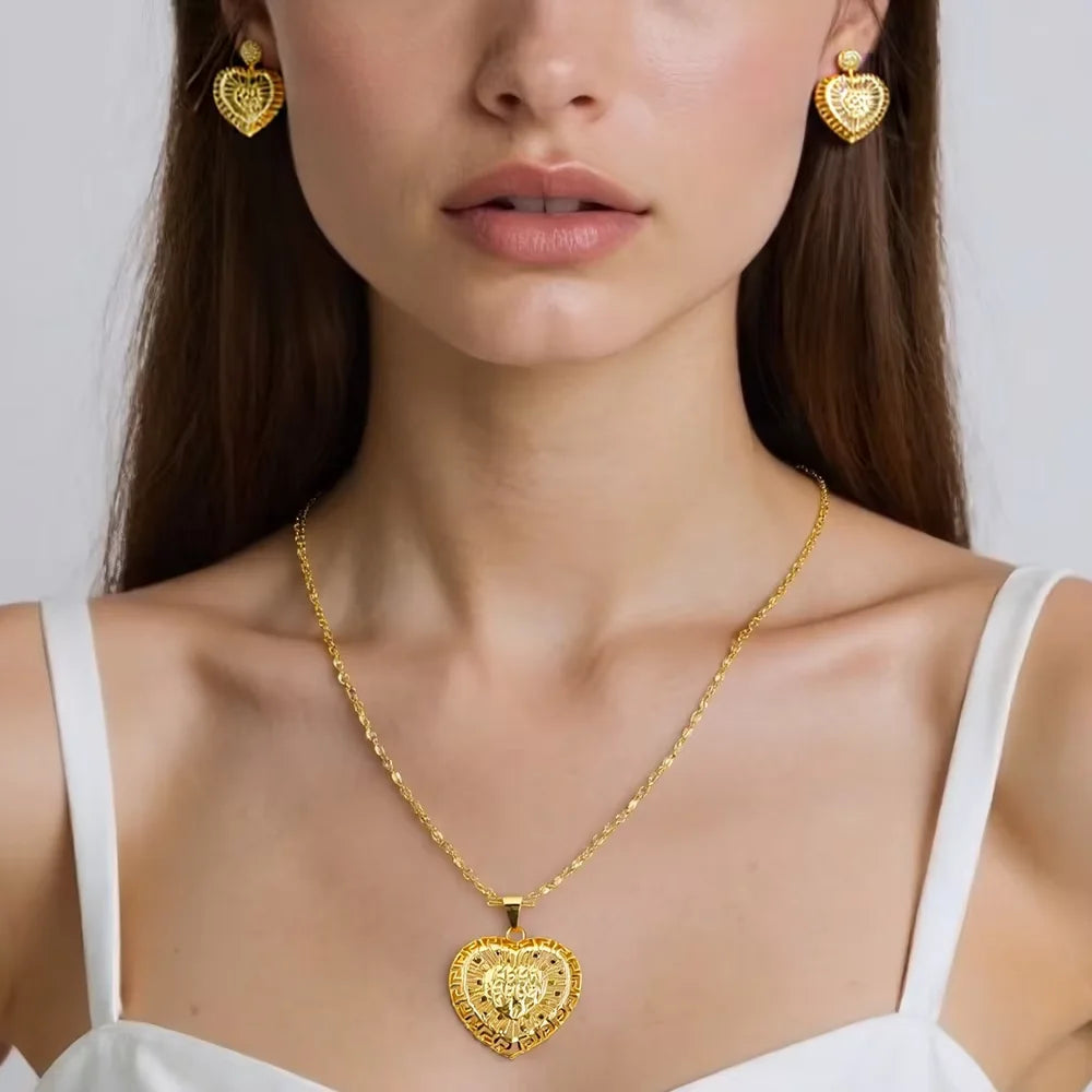 Dubai Heart Shape Necklace Earrings 24K Gold Plated Jewelry Set Women African Indian Nigerian Bride Wedding Party Gift Jewelry