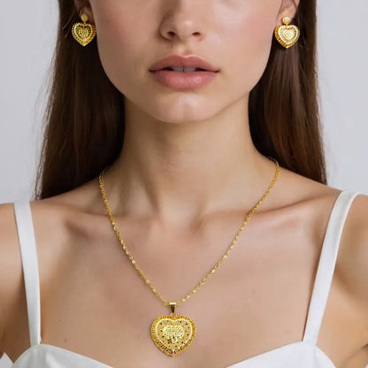 Dubai Heart Shape Necklace Earrings 24K Gold Plated Jewelry Set Women African Indian Nigerian Bride Wedding Party Gift Jewelry