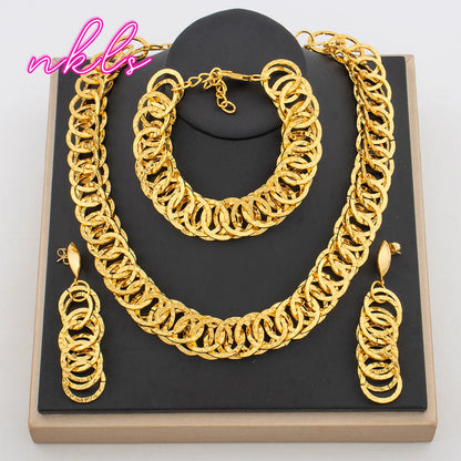Fashion Thick Chain Jewelry Set Women  Plated Drop Earrings Necklace Bracelet High Quality African Wedding Jewelry Gift
