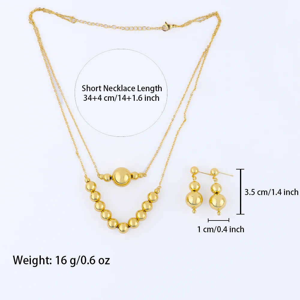 Plated Italy-French Round Bead Necklace & Earrings Jewelry Set for Women, Smooth  Color Gift for Party Wedding