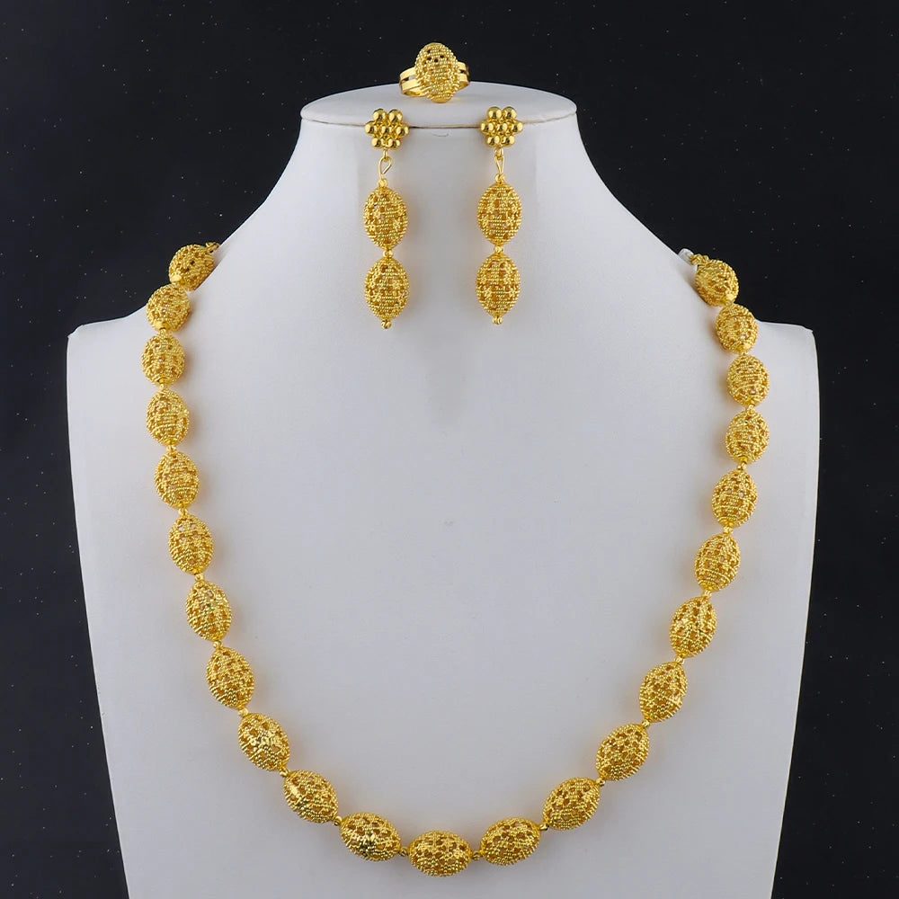 High Quality Luxury plated necklace set Women's Fashion Rugby Beads Chain party earrings ring cuban chain necklace Jewelry Girls
