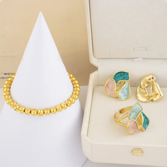 Colorful Earrings Ring Gold Color Bangle For Women Congo America Trendy Jewelry Set Advanced Shine Gift of Party Wedding Casual