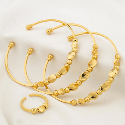 Fashion 3pcs Bangles with Ring Dubai Gold Color Lucky Bead Bracelets Luxury Hand Jewelry Sets for Wedding Party Anniversary Gift