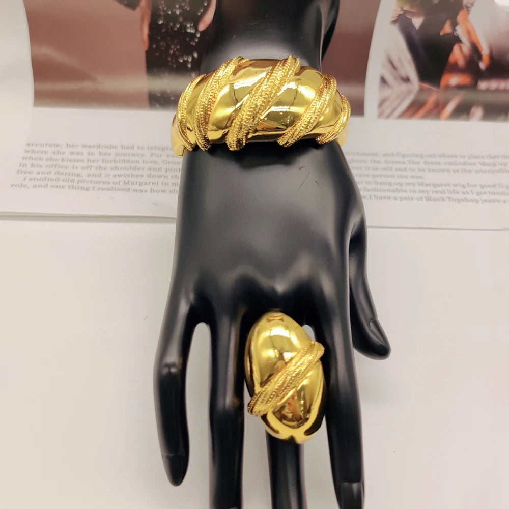 African Bangle Ring Color Jewelry for Ladies Fashion Copper Hand Bracelet with Ring Engagement Jewellery Accessories
