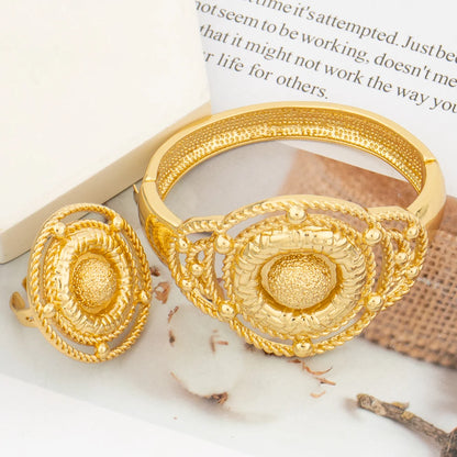 Brazilian Gold Plated Bangle with Ring Jewelry for Ladies Exquisite Flower Design Hand Bracelet Finger Ring 2Pcs Set for Party