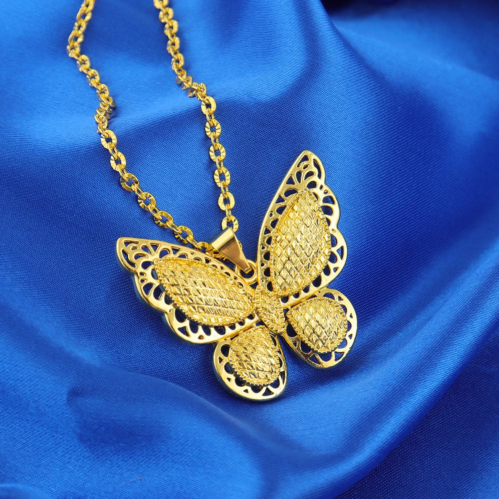 Luxury Butterfly Design Jewelry Set for Women Gold Plated Pendant Necklace Earrings Bracelet Ring Weddings Party Accessories