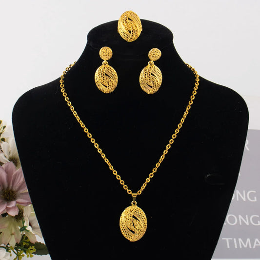 Round Water Drop Shape Jewelry Luxury Shining Gold Color Necklace Earrings Ring Set for Women Gift Apply to Party Wedding