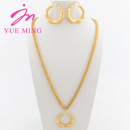 Fashion Gold Plated Jewelry Sets Bridal 80CM Necklace Bamboo Pendant Hoop Earrings for Women Weddings Gifts Jewellery Accessory - YUEMING JEWELRY