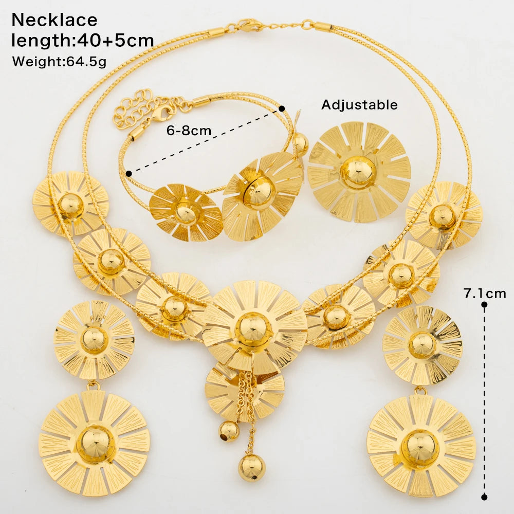 African Classic Big Flower Jewelry Set for Women Luxury Gold Color Necklace Set Dubai Jewelry Earrings Bangle Ring for Party