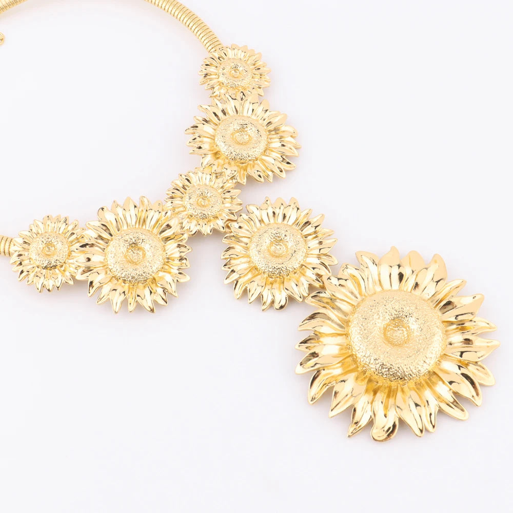 African Sunflower 4Pcs Jewelry Set: Vintage Necklace, Earrings, Bangle & Ring Gift for Women, Party Fashion Jewelry Set