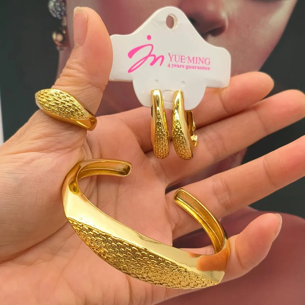 Fashion Earrings Bracelet Ring Set Simple Personality Smooth Jewelry Sets for Women Gold Color Charm Jewellery Anniversary Gifts