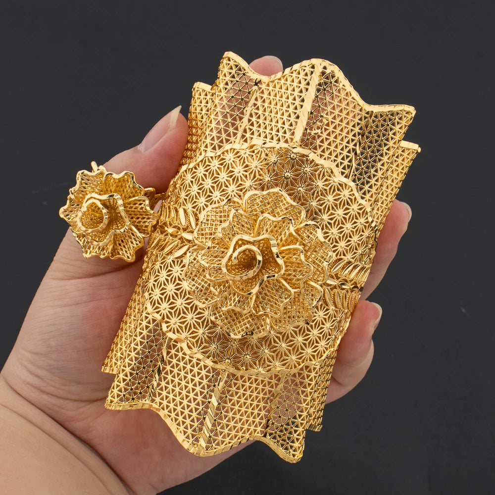 Exquisite Cuff Bracelet and Ring Jewelry Set for Bridal Saudi Arabia Gold Plated Hand Bangle with Finger Ring Set for Banquet