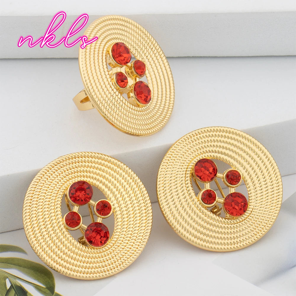 Dubai Round Jewelry Set for Women  Luxury African Bangle Earrings Necklace Ring Wedding Party Gift earring set je
