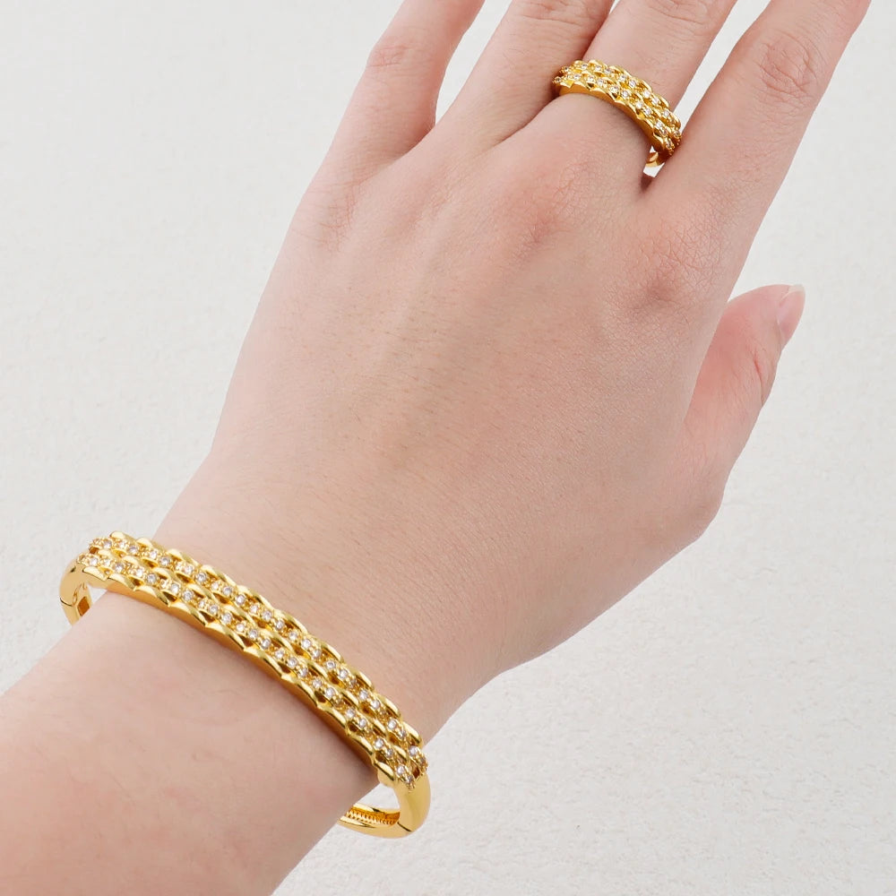 18K Shiny Gold Color Bracelet Ring Set Dubai Jewelry Designer Jewelry Ladies Fashion Bracelet Wholesale Jewelry Set