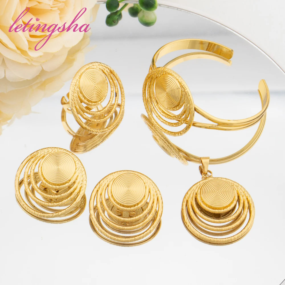 Dubai Gold Color Pendant Earrings Bangle Rings Fashion Elegant Jewelry Sets for Women Luxury Women's Jewellery Italy Fashion Set