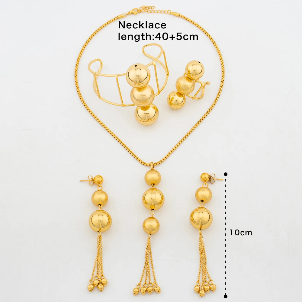 YM Fashion Jewelry Set For Women Gold Plated Necklace Tassel Earrings Cuff bangles Adjustable Rings Dubai Bridal Wedding Gifts - YUEMING JEWELRY