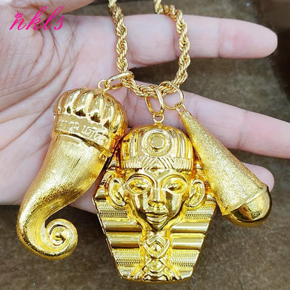 Plated African Dubai Men Head Pendant Necklace 60cm Chain Hip Hop Jewelry Gift