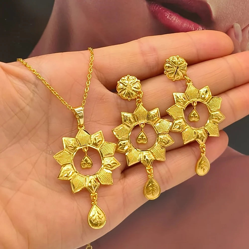 African Gold Color Jewelry Set for Party Elegant Hollow Out Design Drop Earrings and Necklace 2Pcs Set for Engagement Party Gift