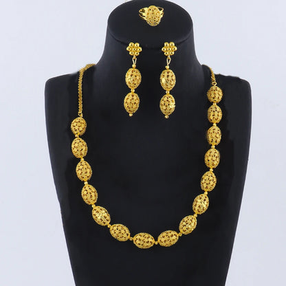 women  jewelry set indian arabic african ethiopian golden color jewelry set Hollow Out Oval Necklace Earrings Ring free shipping