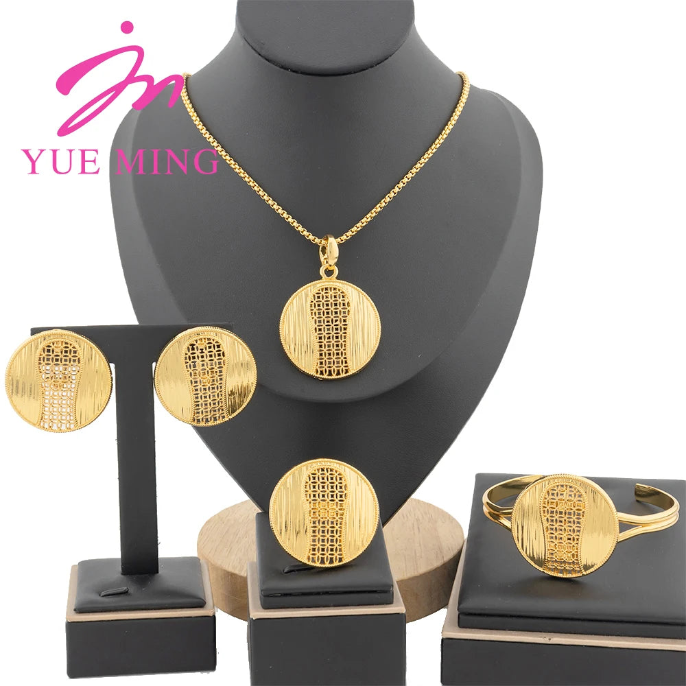 YM Golden Color Jewelry Sets Women Necklace Clips Earrings Ring Bracelet Hollow Out Round Pendant Dubai Bridal Wedding Jewelry - YUEMING JEWELRY