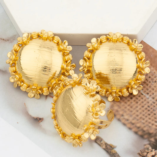 African Earrings with Ring Jewelry Set for Women Gold Plated Clip Earrings Finger Rings 2Pcs Set for Party Nigerian Daily Wear