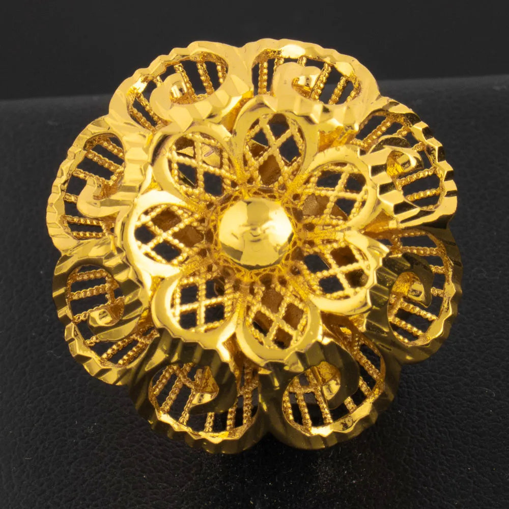 Ethiopia Dubai Flower Gold Color Arab Rings Resizable For Women 18K Gold Plated Wedding Jewelry African Party Gift