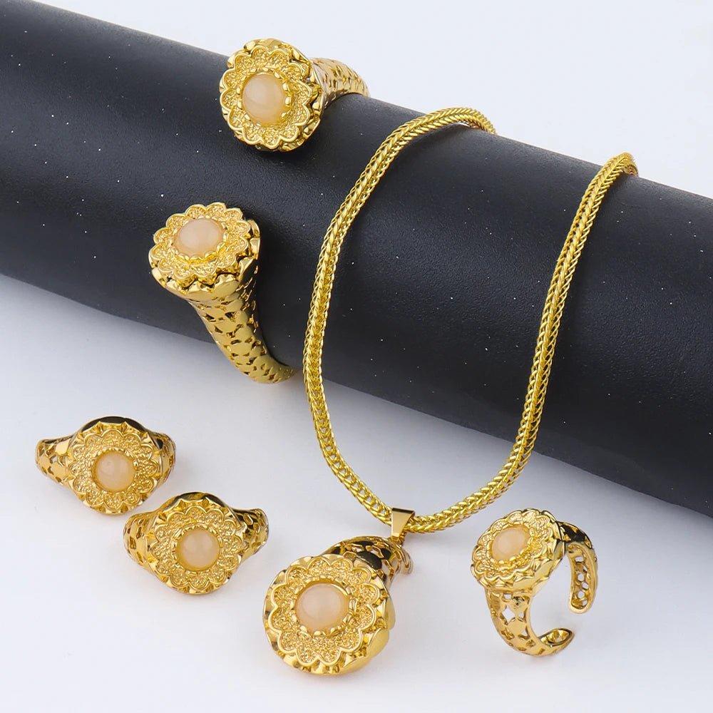 Dubai 24k Gold Plated Jewelry Sets for Indian Bridal Costume Necklace Earrings Bracelet Ring Sets Nigerian Wedding Party Gifts