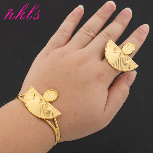 Plated Italian Cuff Bangle & Ring Jewelry Set for Women—Luxury Dubai African Wedding Christmas Gift