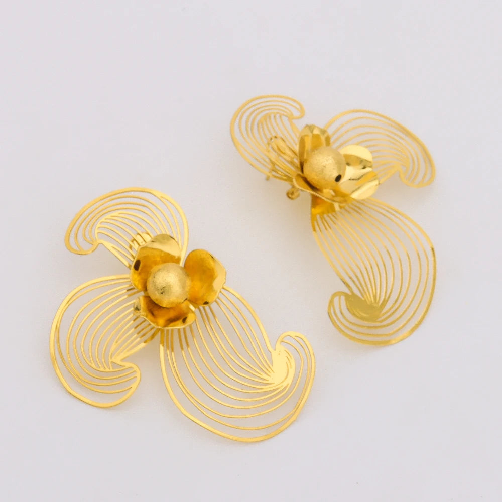 18K Gold Plated Vintage Flower Hollow Earrings & Ring Set, France Style Jewelry Gift for Women, Valentine's Day Party Accessorie