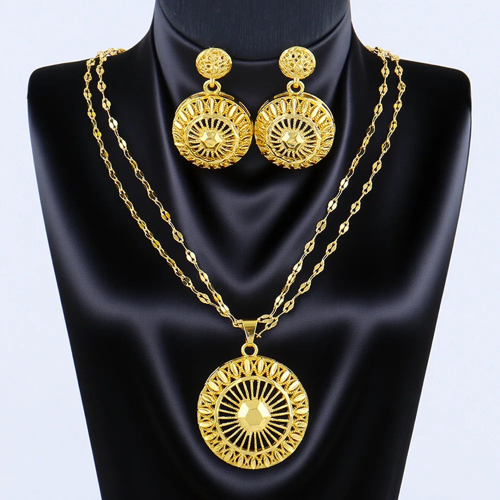 Dubai 24K Gold Color Warped Geometry Necklace Earrings Set For Women Two Piece Jewelry Wedding Party Gift Accessories Wholesale