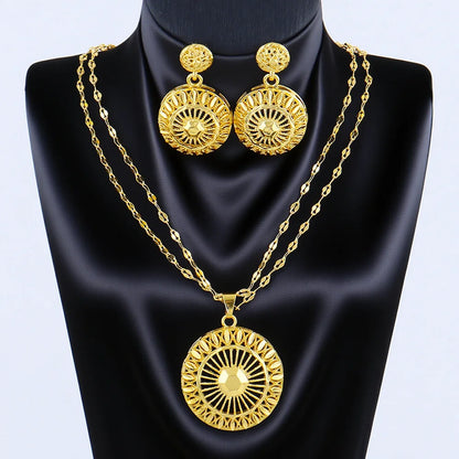 Dubai 24K Gold Color Warped Geometry Necklace Earrings Set For Women Two Piece Jewelry Wedding Party Gift Accessories Wholesale