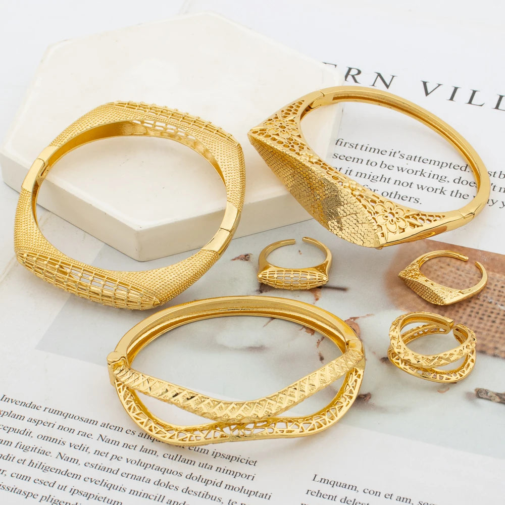 3sets/lot Bangle and Ring Jewelry Set for Women 18k Gold Color Hand Bracelet Finger Ring Set for Engagement Party Jewelry Gifts