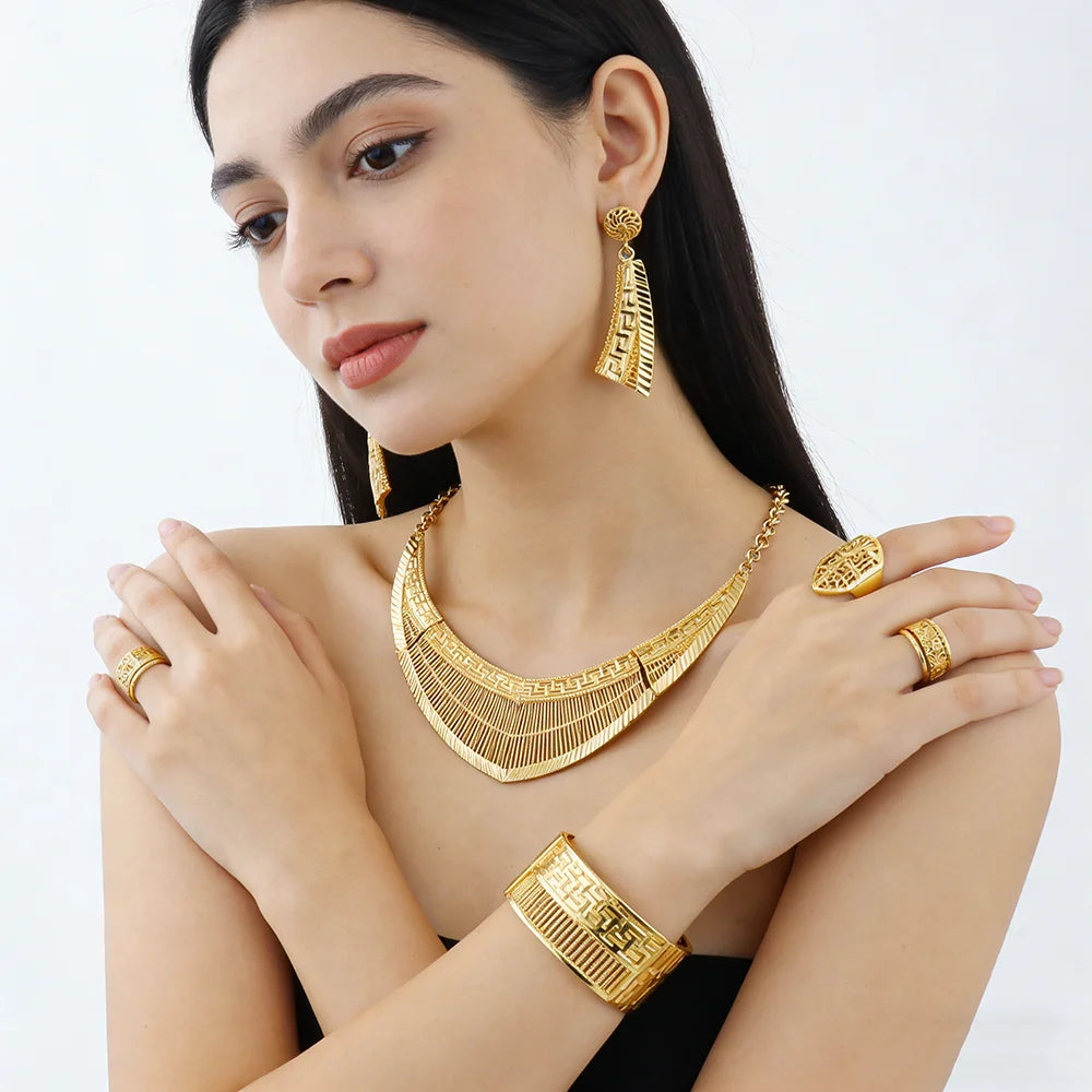 France Luxury 24k Gold Color Jewelry Set For Women Dubai Bridal Wedding Necklace Earrings Bracelet Ring Sets  Anniversary Gifts
