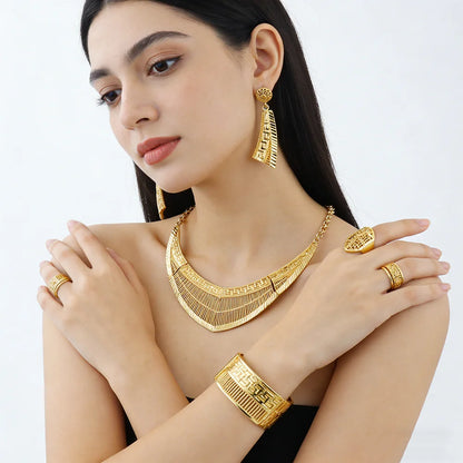 France Luxury 24k Gold Color Jewelry Set For Women Dubai Bridal Wedding Necklace Earrings Bracelet Ring Sets  Anniversary Gifts