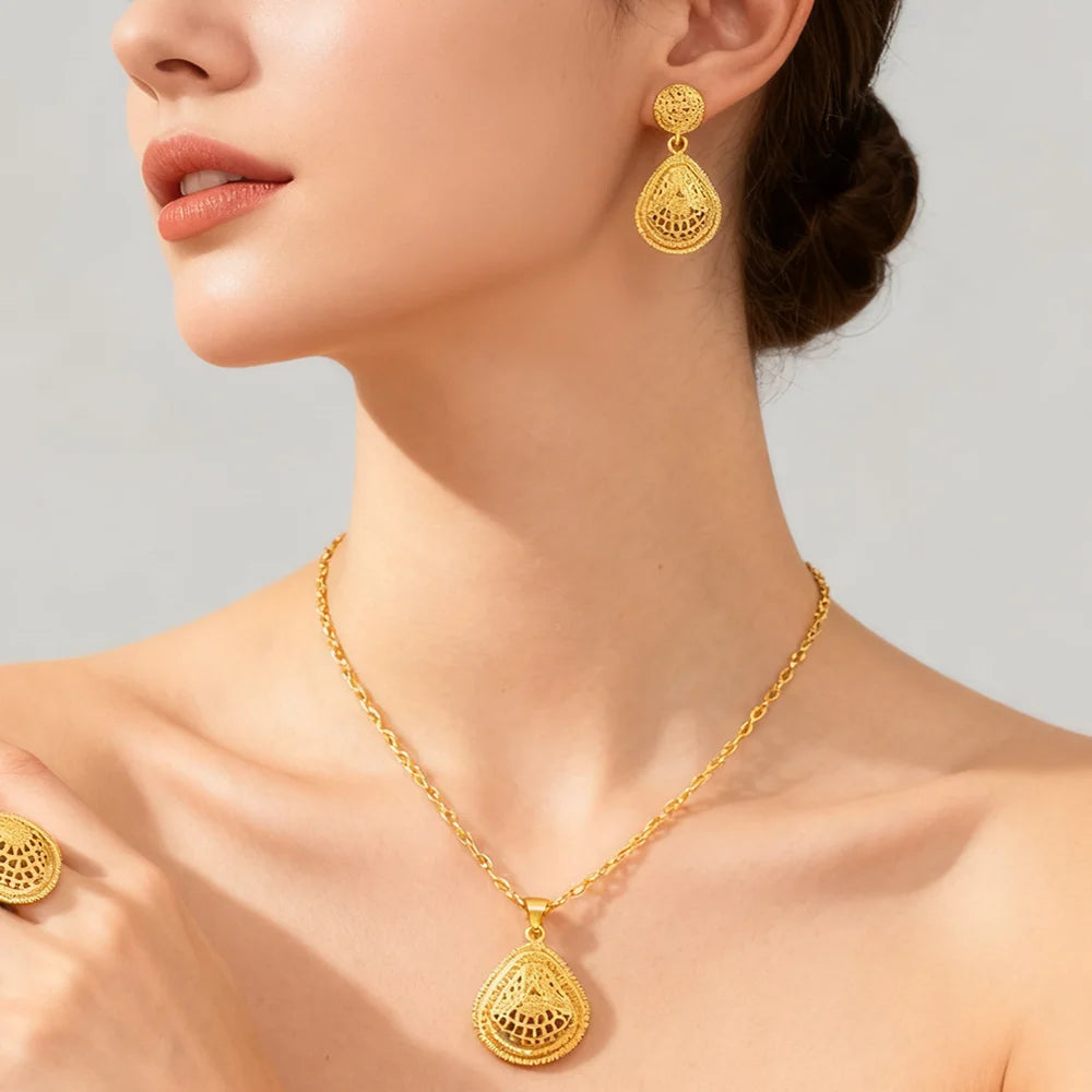 dubai 18k gold color jewelry set for woman wedding party necklace earrings sets indian jewelry set free shipping Wholesale
