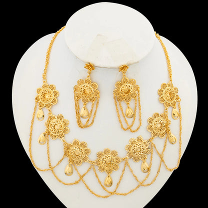 Ethiopian Earrings with Necklace Jewelry Set for Party 18k Gold Color Dangle Earrings Luxury Necklace Bride Set for Engagement
