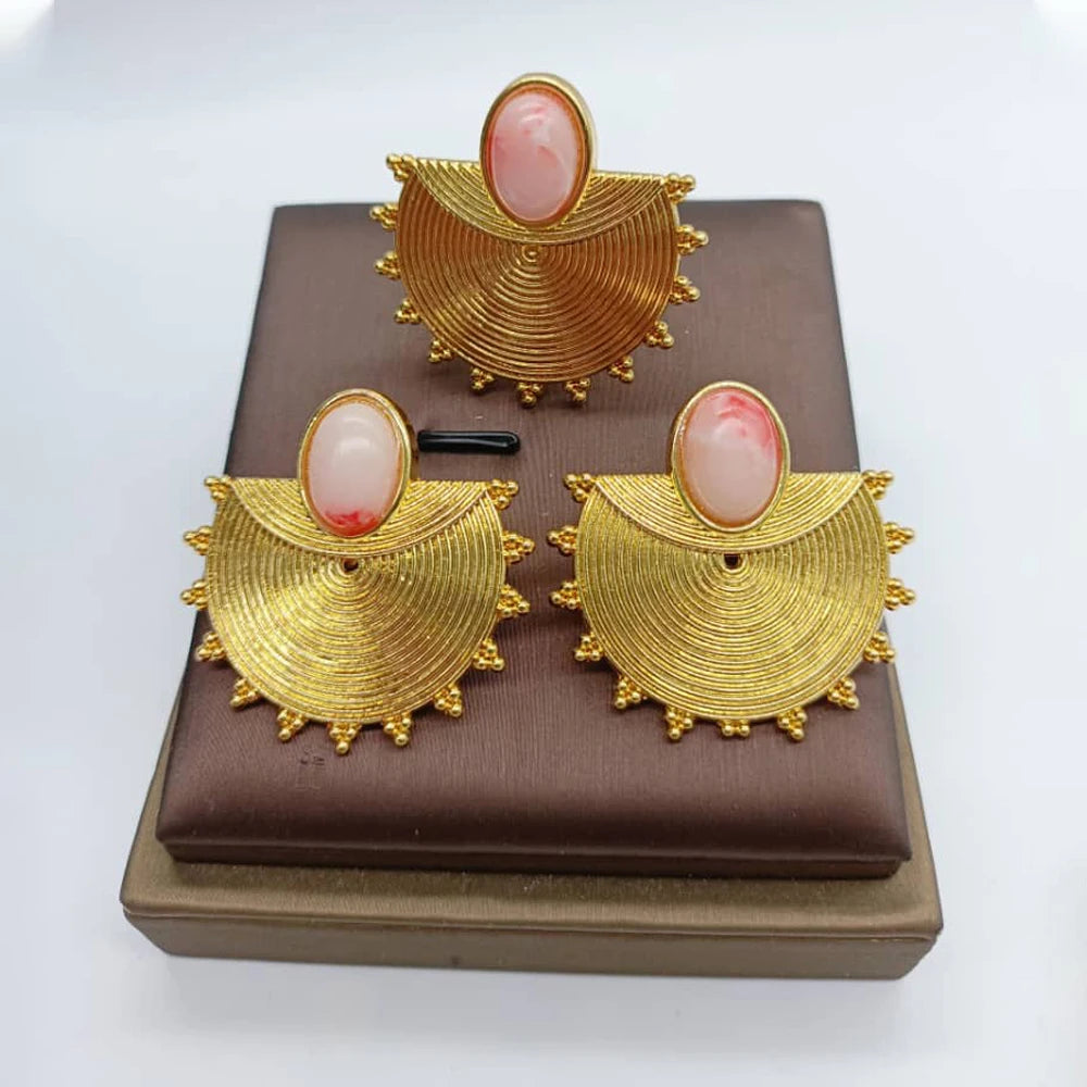 gold dubai jewelry set Gold Color Earrings Ring Set for Women Indian Luxury Earrings Ring Turkish Wedding Bride Design Jewelry