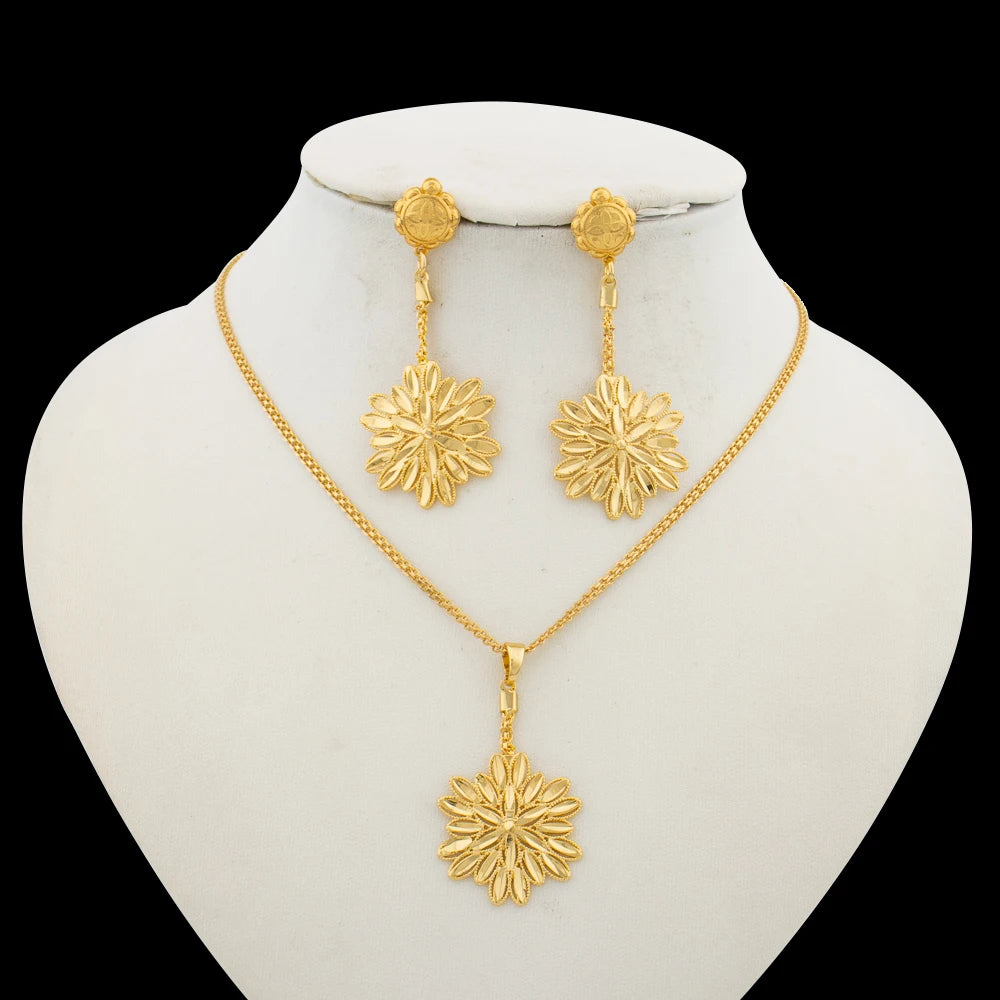 18k Gold Color Jewelry Set for Weddings African Dangle Earrings and Necklace 2Pcs Set for Engagement Party Jewelry Accessories