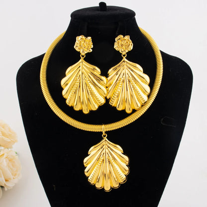 18K Gold Mid-East Shell Earrings & Necklace Set for Women, Summer Wedding Jewelry Gift, Fashion Jewelry Women Set Wholesale